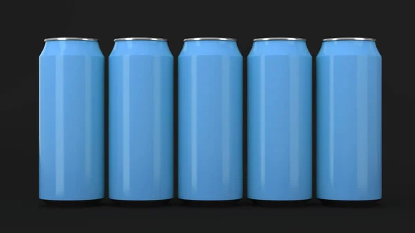 Blue soda cans standing in two raws on black background — Stock Photo, Image