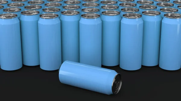 Grandes latas de refrigerante azul no fundo preto — Fotografia de Stock