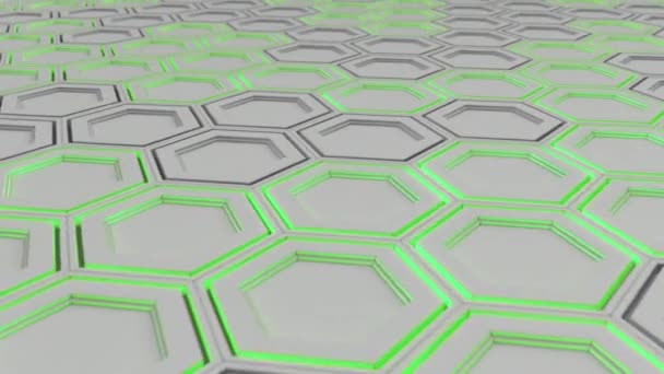 Abstract Technological Background Made White Hexagons Green Glow Wall Hexagons — Stock Video
