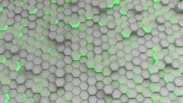 Абстрактный Технологический Фон Белых Шестиугольников Зеленым Свечением Стена Шестиугольников Рендеринг — стоковое видео