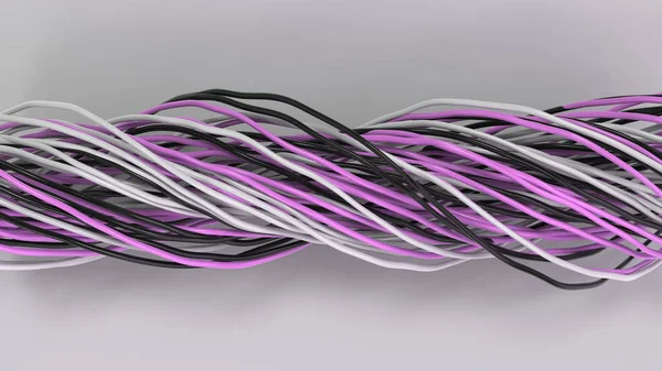 Cables y alambres retorcidos negros, blancos y morados en surfac blanco — Foto de Stock