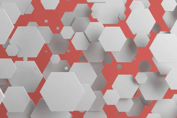 Hexagones blancos de tamaño aleatorio sobre fondo rojo —  Fotos de Stock