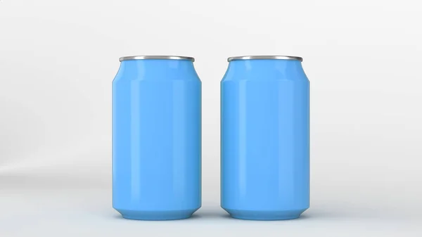 Duas pequenas latas de refrigerante de alumínio azul mockup no fundo branco — Fotografia de Stock