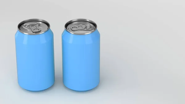 Mockup beyaz arka plan üzerinde iki küçük mavi alüminyum soda kutular — Stok fotoğraf