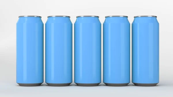 Modrá soda plechovky stojí ve dvou řadách na bílém pozadí — Stock fotografie