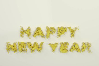 Sıvı sarı Happy New Year kelimelik damla ile beyaz adam