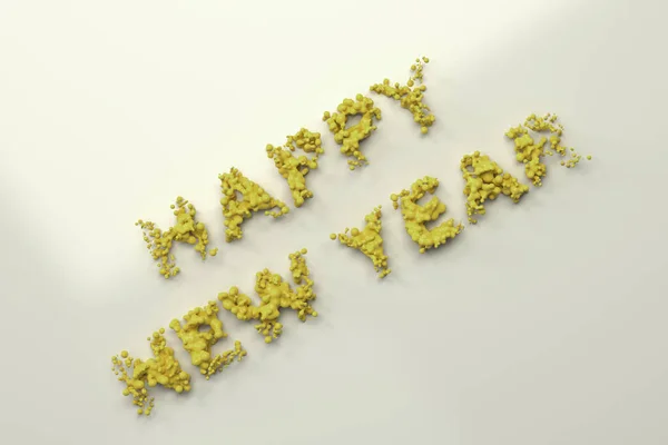 Líquido amarillo Feliz Año Nuevo palabras con gotas sobre fondo blanco — Foto de Stock