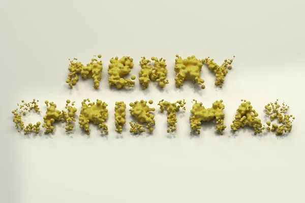 Liquid yellow Merry Christmas words with drops on white backgrou — Stock Photo, Image