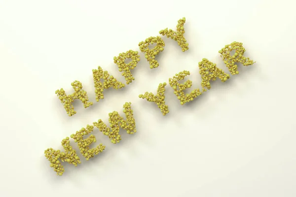 Щасливі новорічні слова з жовтих кульок на білому тлі — стокове фото