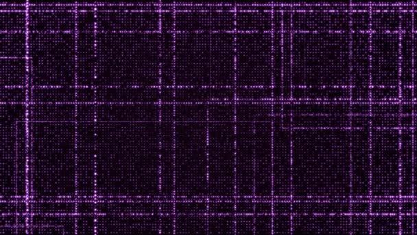 抽象的なデジタル技術の背景は 被写し界深度と視点で紫光る粒子に成っています 粒子の長方形の線 光る粒子のグリッド レンダリング図 — ストック動画