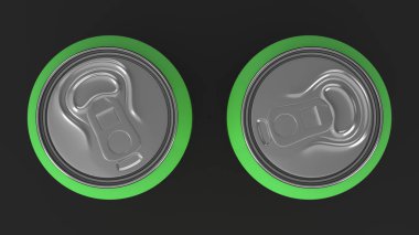 Mockup siyah arka plan üzerine iki küçük yeşil alüminyum soda kutular