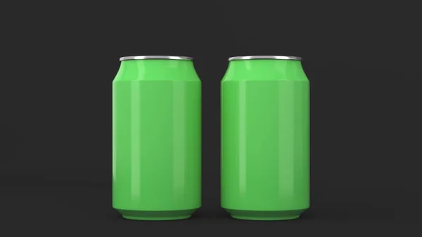 Dois pequenos latas de refrigerante de alumínio verde mockup no fundo preto — Fotografia de Stock