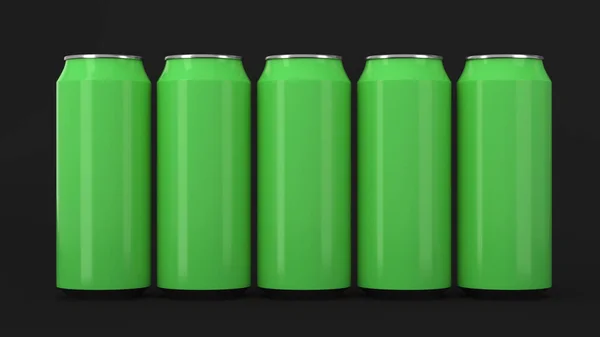 Lattine di soda verde in piedi in due raws su sfondo nero — Foto Stock