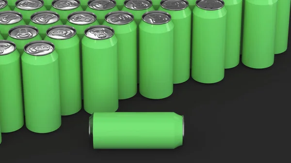 Grandes latas de refresco verde sobre fondo negro —  Fotos de Stock