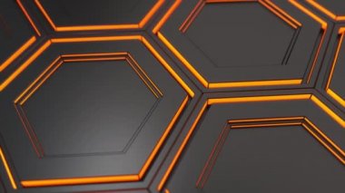 Teknolojik arka plan siyah altıgen yanarak bahislerin doğru bir turuncu parlamayı ile yapılmış. Altıgen yanarak bahislerin doğru duvarına. 3D render illüstrasyon