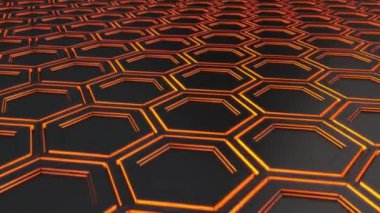 Teknolojik arka plan siyah altıgen yanarak bahislerin doğru bir turuncu parlamayı ile yapılmış. Altıgen yanarak bahislerin doğru duvarına. 3D render illüstrasyon