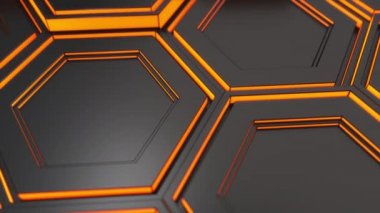 Teknolojik arka plan siyah altıgen yanarak bahislerin doğru bir turuncu parlamayı ile yapılmış. Altıgen yanarak bahislerin doğru duvarına. 3D render illüstrasyon
