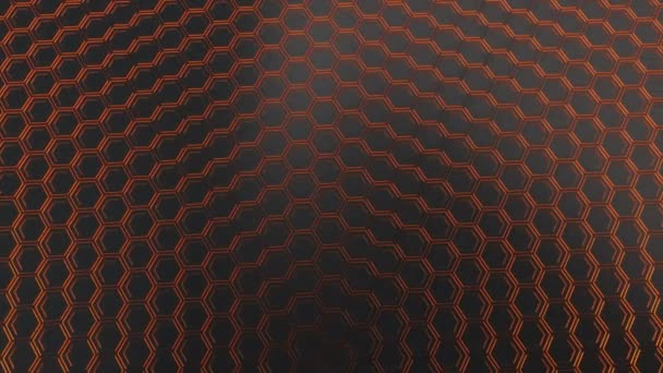 Абстрактний Технологічний Фон Чорних Гексагонів Помаранчевим Сяйвом Стіна Шестикутників Ілюстрація — стокове відео