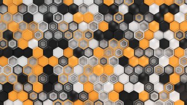 Siyah, beyaz ve turuncu altıgenler yapılmış 3d arka plan 
