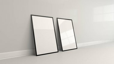 Siyah çerçeve ayakta yerdeki boş beyaz poster