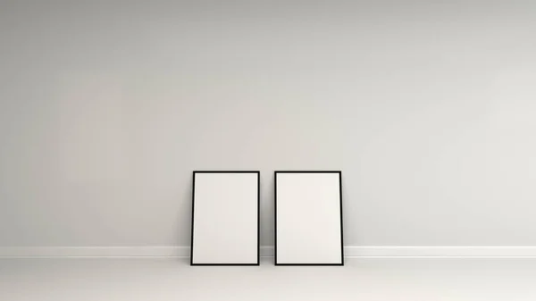 Κενή άσπρη αφίσα στο μαύρο πλαίσιο στέκεται στο δάπεδο — Φωτογραφία Αρχείου