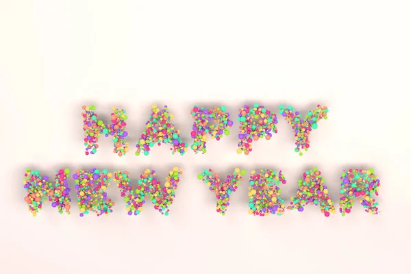 Ευτυχισμένο το νέο έτος λέξεις από πολύχρωμες μπάλες σε λευκό φόντο — Φωτογραφία Αρχείου
