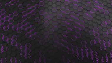 Teknolojik arka plan siyah altıgen yanarak bahislerin doğru mor parlaklık ile yapılmış. Altıgen yanarak bahislerin doğru duvarına. 3D render illüstrasyon