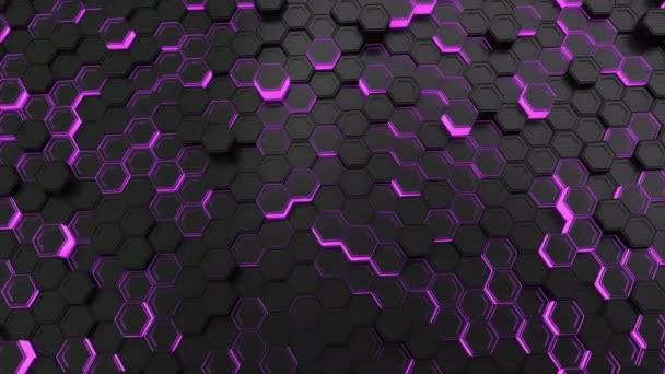 Absztrakt Technológiai Háttér Készült Fekete Hatszög Lila Izzás Fala Hexagons — Stock videók