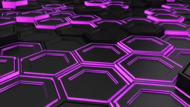 Fondo Tecnológico Abstracto Hecho Hexágonos Negros Con Brillo Púrpura Pared — Vídeos de Stock
