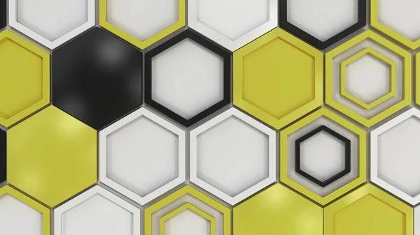Abstrakter 3D-Hintergrund aus schwarzen, weißen und gelben Sechsecken — Stockfoto