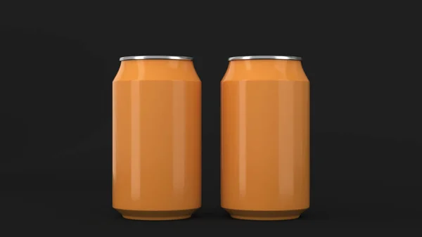 Twee kleine oranje aluminium soda cans mockup op zwarte achtergrond — Stockfoto