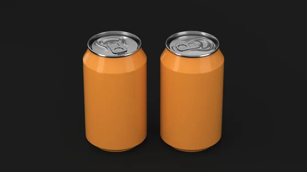 Dois pequenos latas de refrigerante de alumínio laranja mockup no fundo preto — Fotografia de Stock