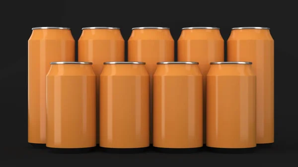Κουτιά πορτοκαλί σόδα στέκεται σε δύο raws σε μαύρο φόντο — Φωτογραφία Αρχείου