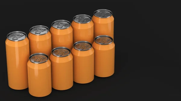 Latas de refrigerante laranja em pé em duas raws no fundo preto — Fotografia de Stock