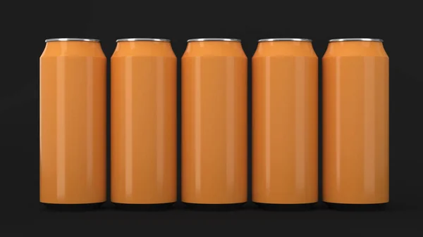 Банки с апельсиновой содовой, стоящие на черном фоне — стоковое фото