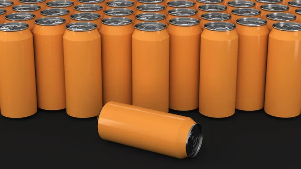Große orangefarbene Getränkedosen auf schwarzem Hintergrund — Stockfoto