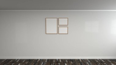 Duvarda ahşap çerçeve boş beyaz poster