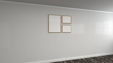 Duvarda ahşap çerçeve boş beyaz poster