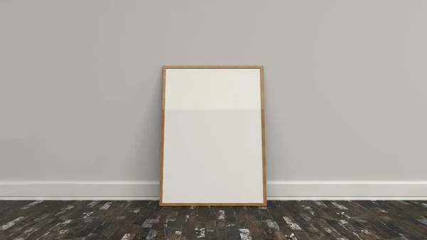 Cartel blanco en blanco con marco de madera en el suelo — Foto de Stock