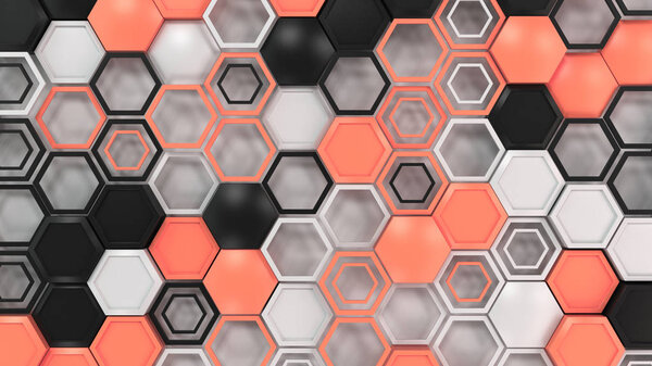 Abstract 3d background made of black, white and red hexagons on white background. Wall of hexagons. Honeycomb pattern. 3D render illustration