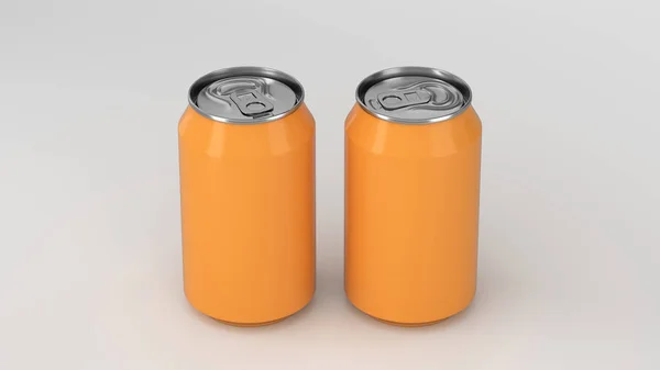 Dvě malé oranžové hliníkové soda plechovky maketa na bílém pozadí — Stock fotografie