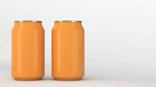 Duas pequenas latas de refrigerante de alumínio laranja mockup no fundo branco — Fotografia de Stock