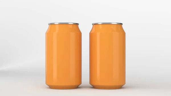 Dos pequeñas latas de soda de aluminio naranja maqueta sobre fondo blanco —  Fotos de Stock