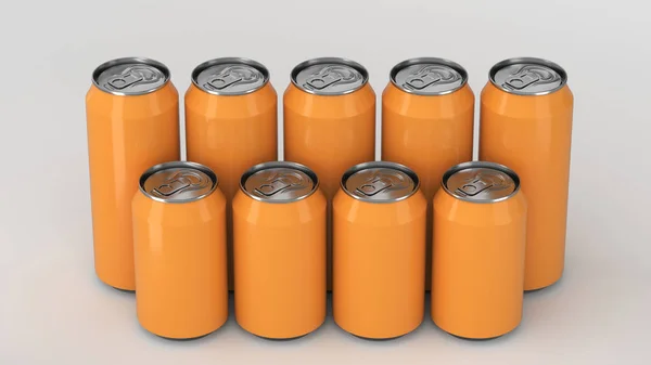 Latas de refrigerante laranja em pé em duas raws no fundo branco — Fotografia de Stock