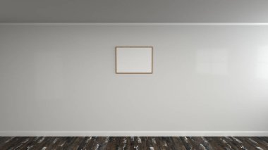 Duvarda ahşap çerçeve boş beyaz poster