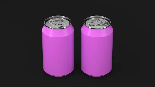 Deux petites canettes de soda en aluminium violet maquette sur fond noir — Photo