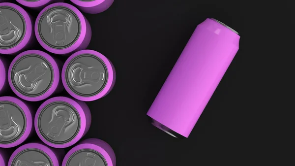 Большие фиолетовые банки с содовой на черном фоне — стоковое фото