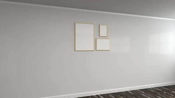 Cartel blanco en blanco con marco de madera en la pared — Foto de Stock
