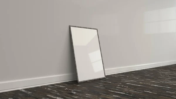 Blank white poster in wooden frame standing on the floor — Stock Photo, Image
