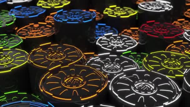 Ciemne Futurystyczne Animowane Tło Technologiczne Wykonane Cylindrów Kolorowymi Świecącymi Liniami — Wideo stockowe